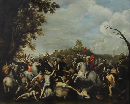 Frankenthal School Battle scene with numerous figures near a hilltop 11 x 13.25in.